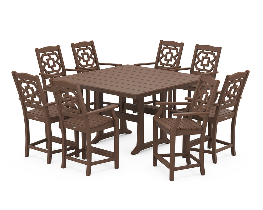 Martha Stewart by POLYWOOD Chinoiserie 9-Piece Square Farmhouse Counter Set with Trestle Legs in Mahogany