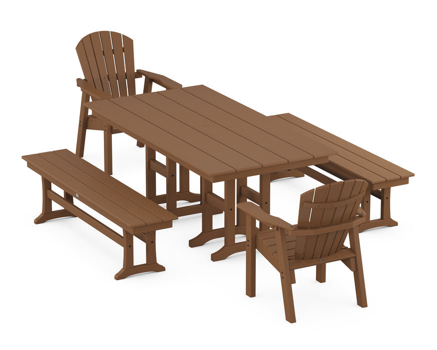 POLYWOOD Seashell 5-Piece Farmhouse Dining Set with Benches in Teak
