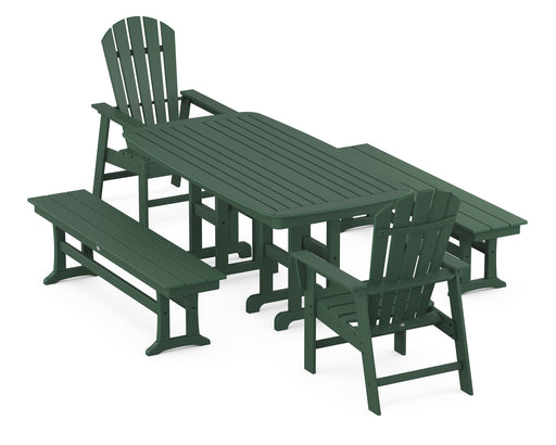 POLYWOOD South Beach 5-Piece Dining Set with Benches in Green
