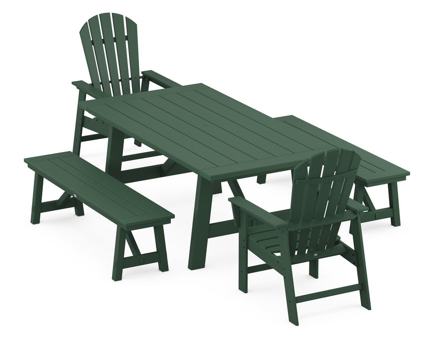 POLYWOOD South Beach 5-Piece Rustic Farmhouse Dining Set With Benches in Green