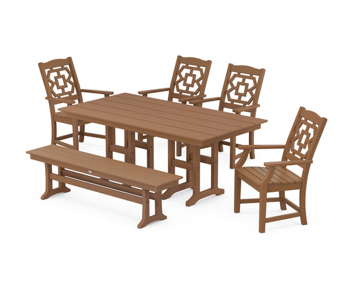 Martha Stewart by POLYWOOD Chinoiserie 6-Piece Farmhouse Dining Set with Bench in Teak
