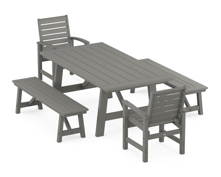 POLYWOOD Signature 5-Piece Rustic Farmhouse Dining Set With Benches in Slate Grey