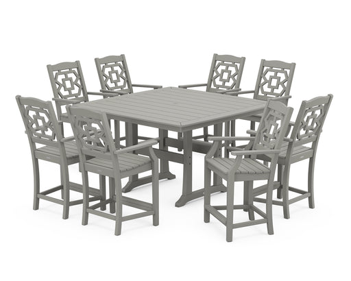 Martha Stewart by POLYWOOD Chinoiserie 9-Piece Square Counter Set with Trestle Legs in Slate Grey
