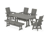 POLYWOOD Modern Curveback Adirondack Swivel Chair 6-Piece Farmhouse Dining Set With Trestle Legs and Bench in Slate Grey