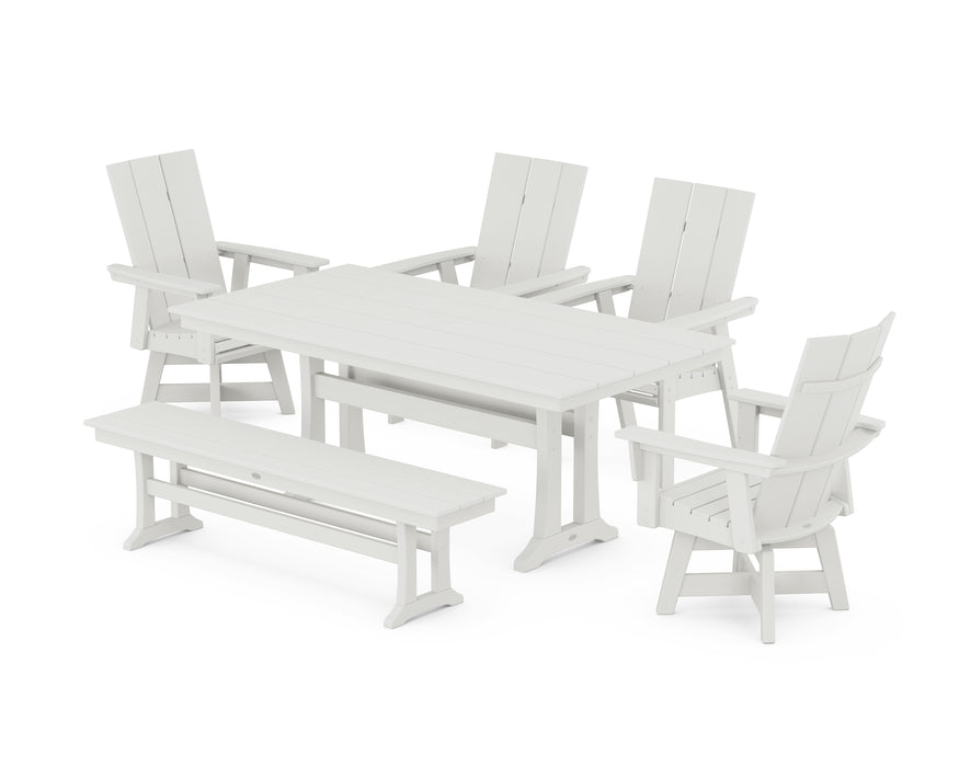 POLYWOOD Modern Curveback Adirondack Swivel Chair 6-Piece Farmhouse Dining Set With Trestle Legs and Bench in Vintage White