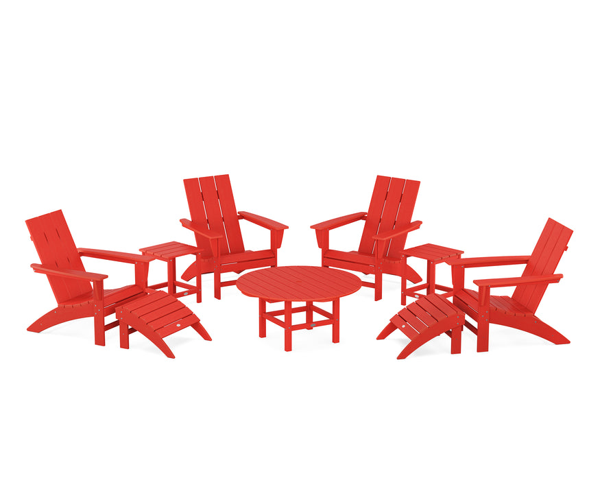 POLYWOOD Modern Adirondack Chair 9-Piece Conversation Set in Sunset Red