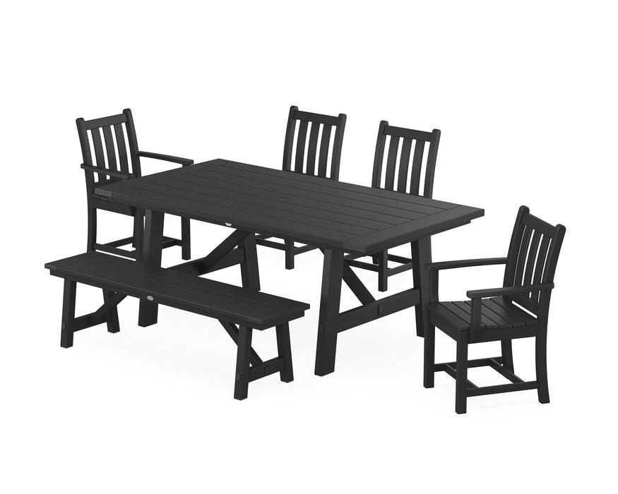 POLYWOOD Traditional Garden 6-Piece Rustic Farmhouse Dining Set With Bench in Black