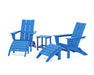 POLYWOOD Modern Folding Adirondack Chair 5-Piece Set with Ottomans and 18" Side Table in Pacific Blue