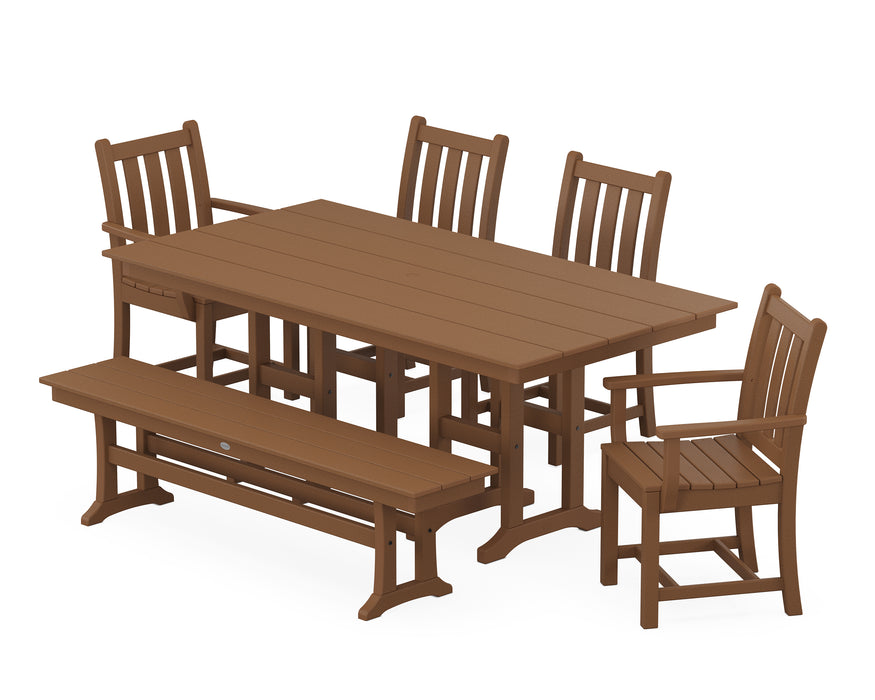 POLYWOOD® Traditional Garden 6-Piece Farmhouse Dining Set with Bench in Teak