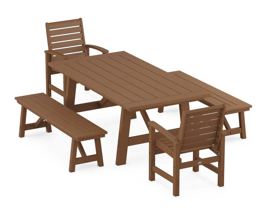 POLYWOOD Signature 5-Piece Rustic Farmhouse Dining Set With Benches in Teak