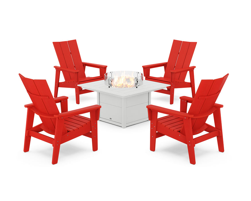 POLYWOOD® 5-Piece Modern Grand Upright Adirondack Conversation Set with Fire Pit Table in Sunset Red / White
