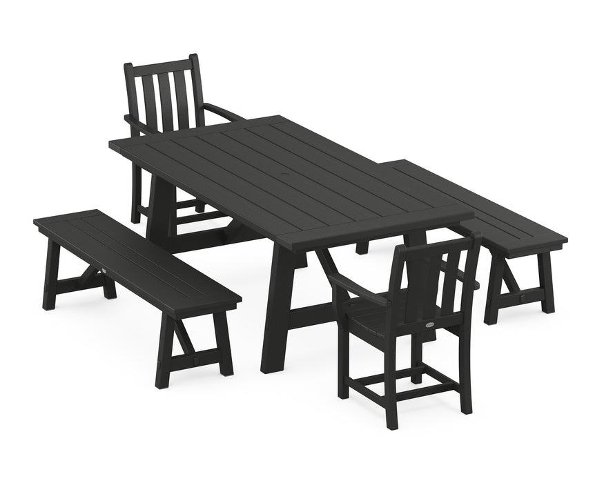 POLYWOOD Traditional Garden 5-Piece Rustic Farmhouse Dining Set With Benches in Black