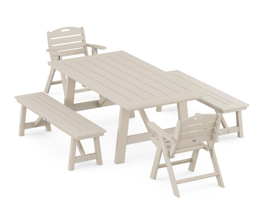 POLYWOOD Nautical Lowback Chair 5-Piece Rustic Farmhouse Dining Set With Benches in Sand