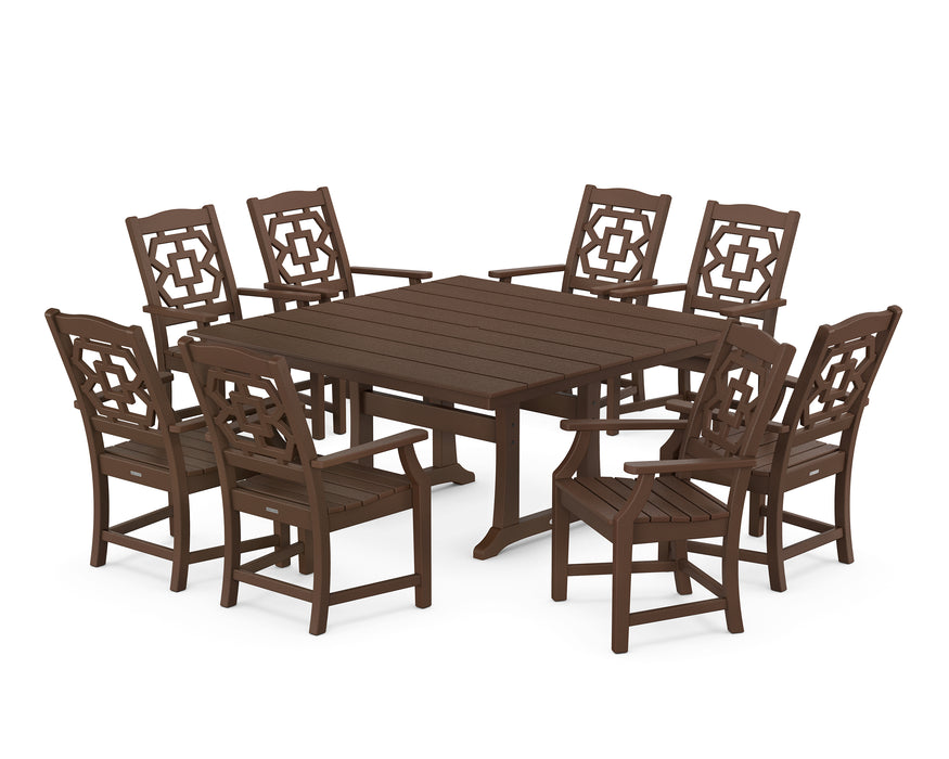 Martha Stewart by POLYWOOD Chinoiserie 9-Piece Square Farmhouse Dining Set with Trestle Legs in Mahogany