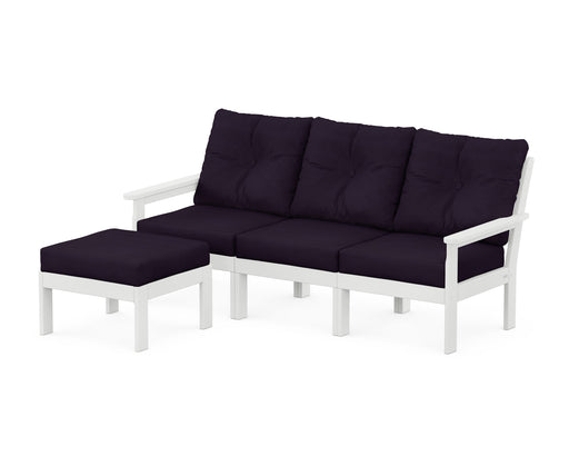 POLYWOOD Vineyard 4-Piece Sectional with Ottoman in White with Navy Linen fabric
