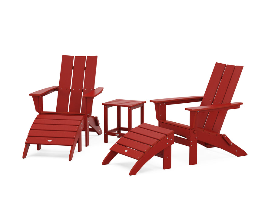 POLYWOOD Modern Folding Adirondack Chair 5-Piece Set with Ottomans and 18" Side Table in Aruba
