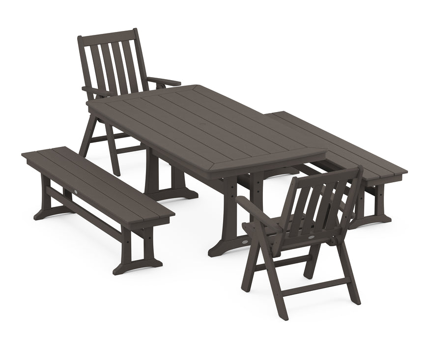 POLYWOOD Vineyard Folding 5-Piece Dining Set with Trestle Legs in Vintage Coffee