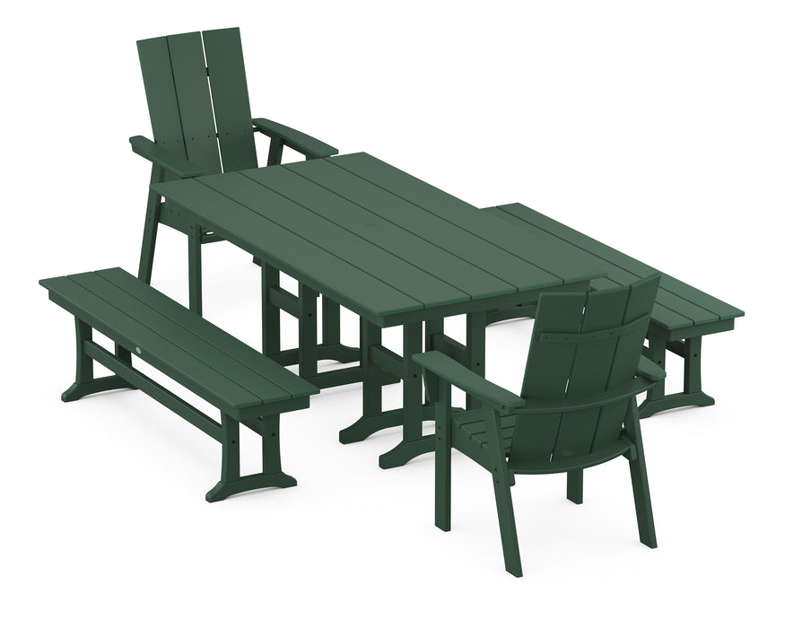 POLYWOOD Modern Curveback Adirondack 5-Piece Farmhouse Dining Set with Benches in Green