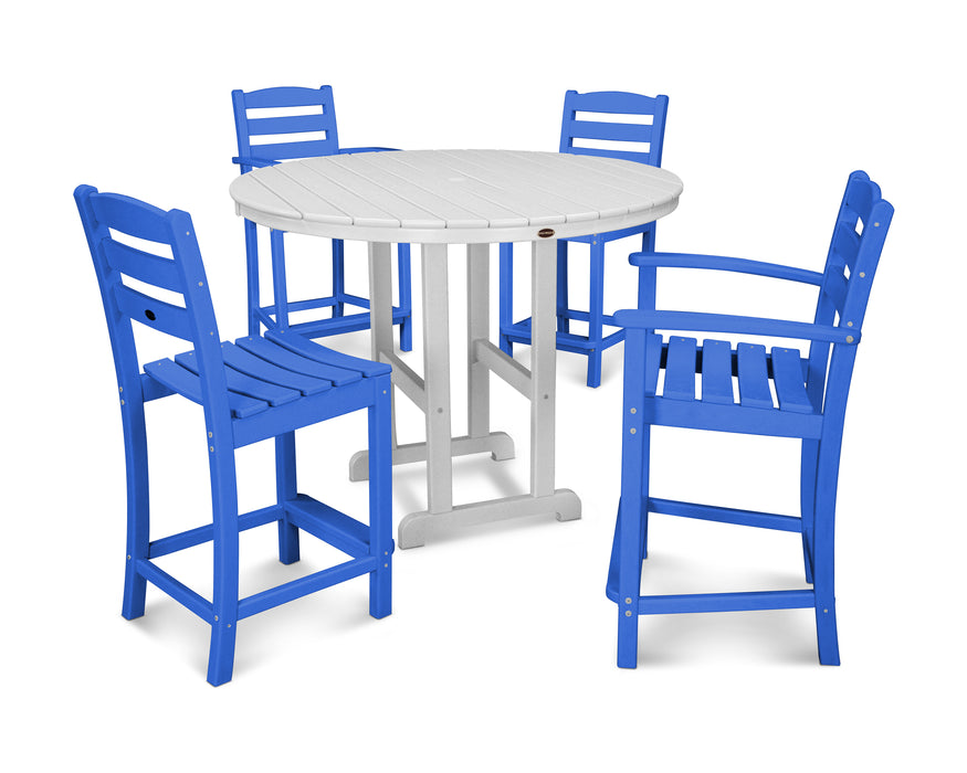 POLYWOOD La Casa Café 5-Piece Round Farmhouse Counter Dining Set in Pacific Blue / White