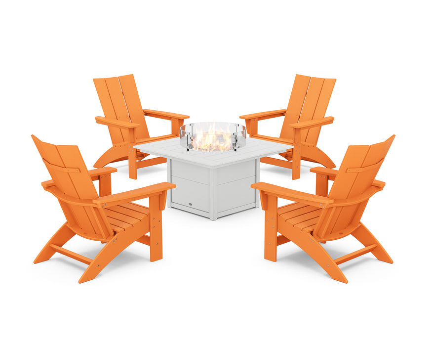 POLYWOOD® 5-Piece Modern Grand Adirondack Conversation Set with Fire Pit Table in Tangerine / White