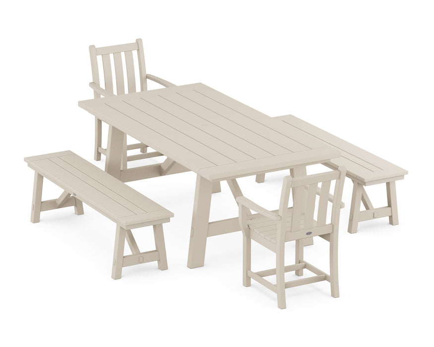 POLYWOOD Traditional Garden 5-Piece Rustic Farmhouse Dining Set With Benches in Sand