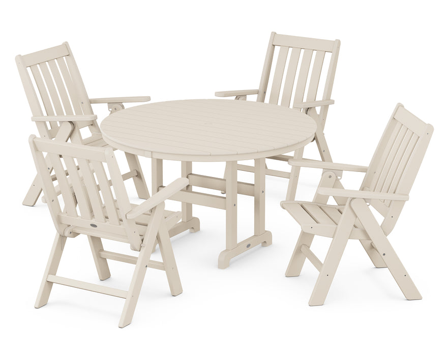 POLYWOOD Vineyard Folding Chair 5-Piece Round Famrhouse Dining Set in Sand