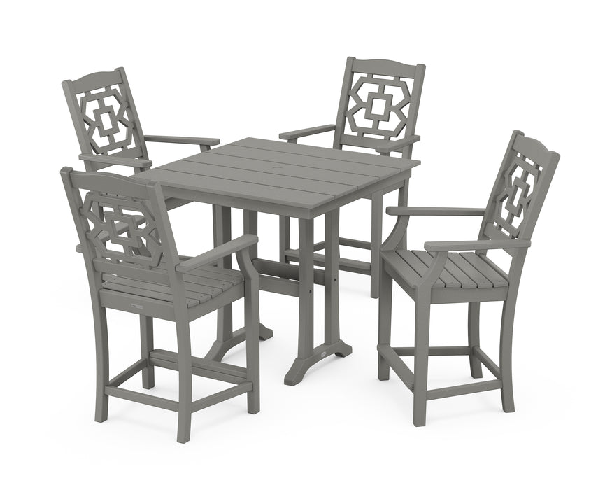 Martha Stewart by POLYWOOD Chinoiserie 5-Piece Farmhouse Counter Set with Trestle Legs in Slate Grey