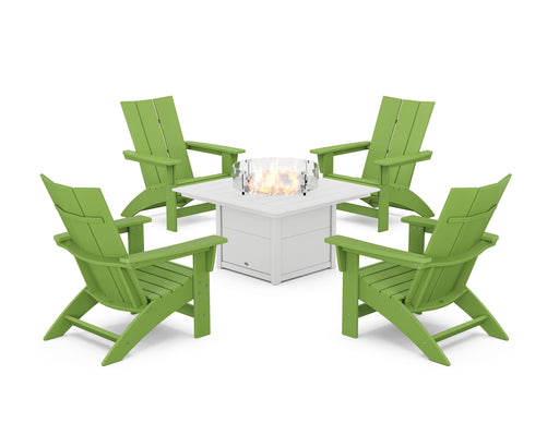 POLYWOOD® 5-Piece Modern Grand Adirondack Conversation Set with Fire Pit Table in Aruba / White