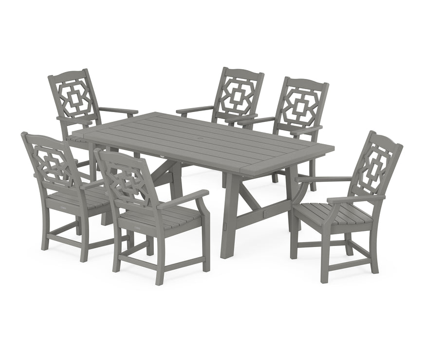 Martha Stewart by POLYWOOD Chinoiserie Arm Chair 7-Piece Rustic Farmhouse Dining Set in Slate Grey