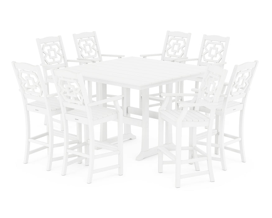 Martha Stewart by POLYWOOD Chinoiserie 9-Piece Square Farmhouse Bar Set with Trestle Legs in White