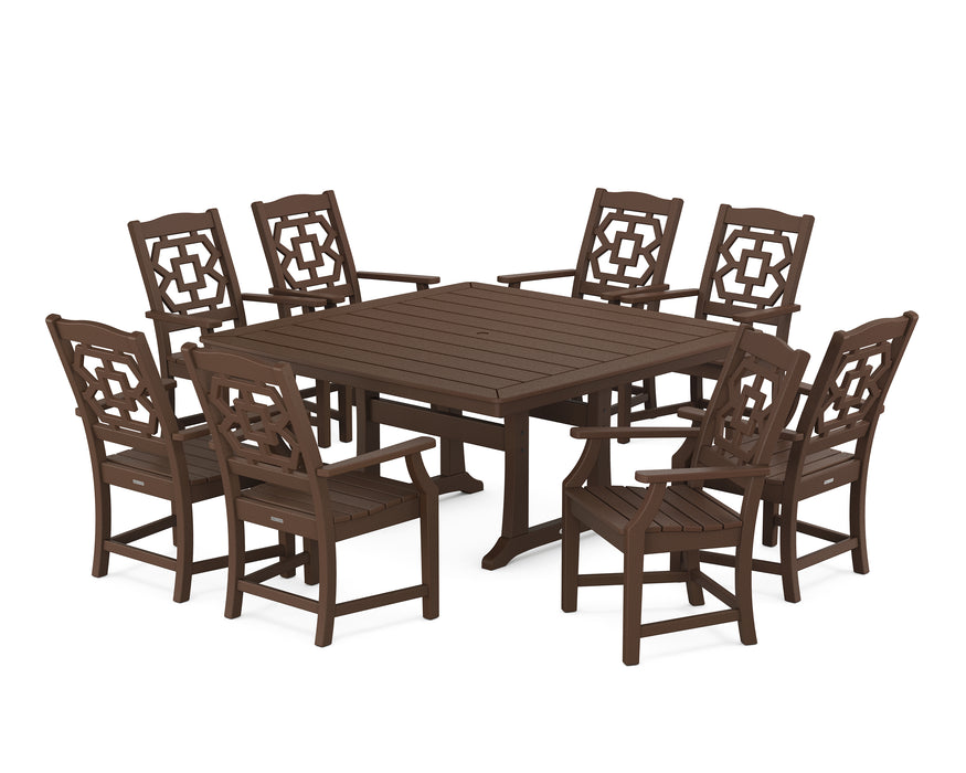 Martha Stewart by POLYWOOD Chinoiserie 9-Piece Square Dining Set with Trestle Legs in Mahogany