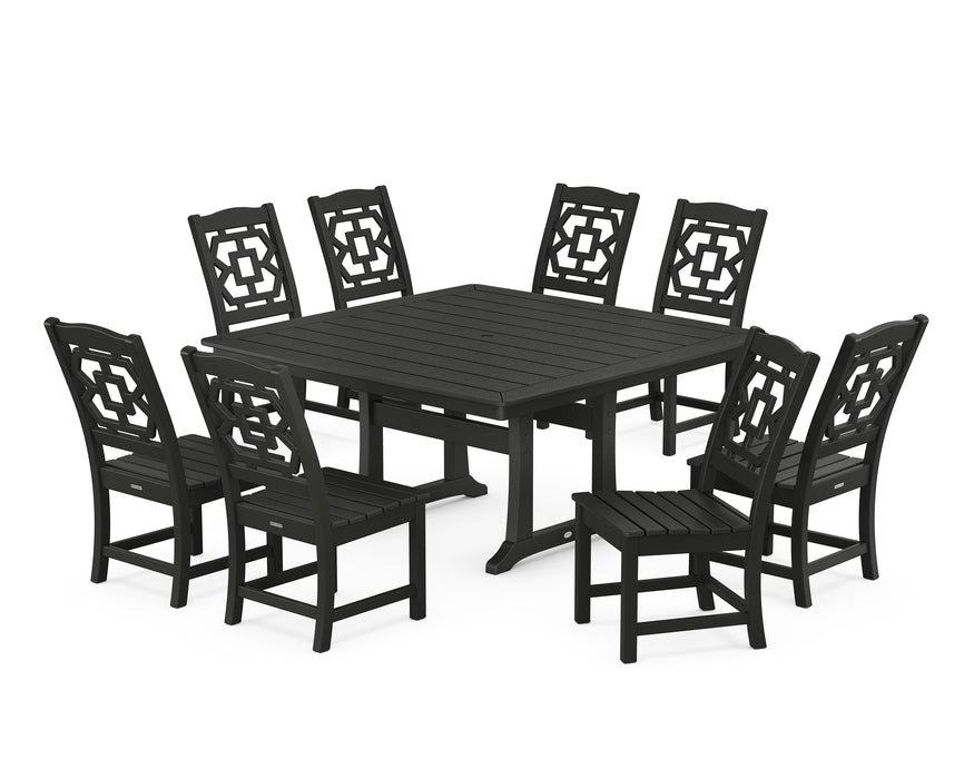 Martha Stewart by POLYWOOD Chinoiserie 9-Piece Square Side Chair Dining Set with Trestle Legs in Black