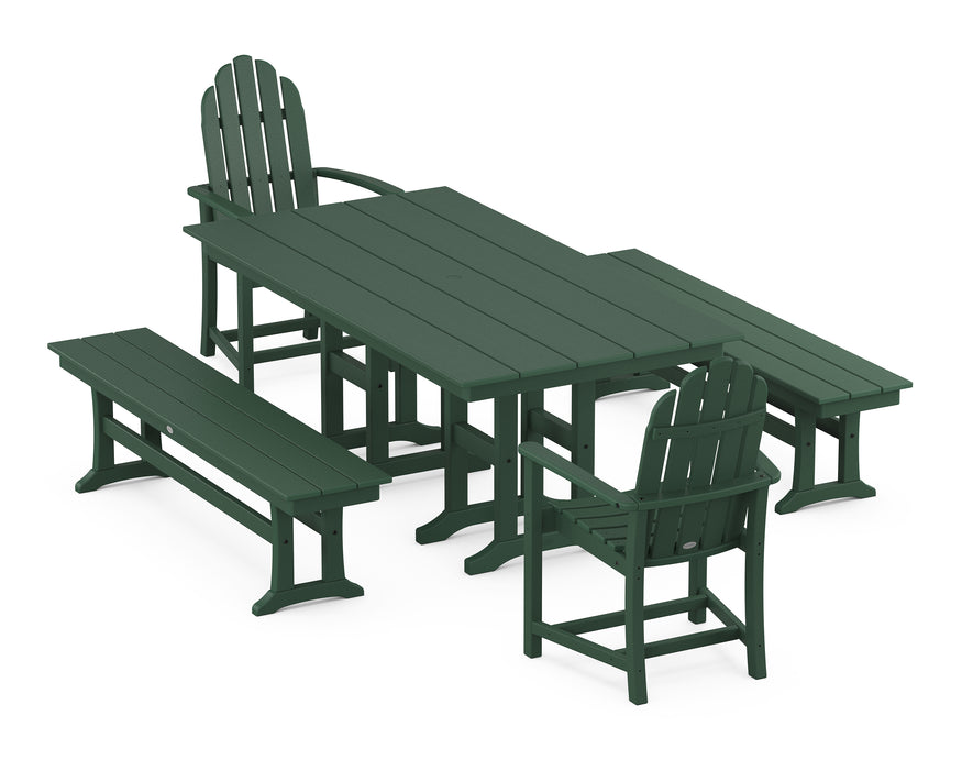 POLYWOOD Classic Adirondack 5-Piece Farmhouse Dining Set with Benches in Green