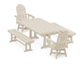 POLYWOOD Vineyard Adirondack Swivel Chair 5-Piece Dining Set with Trestle Legs and Benches in Sand