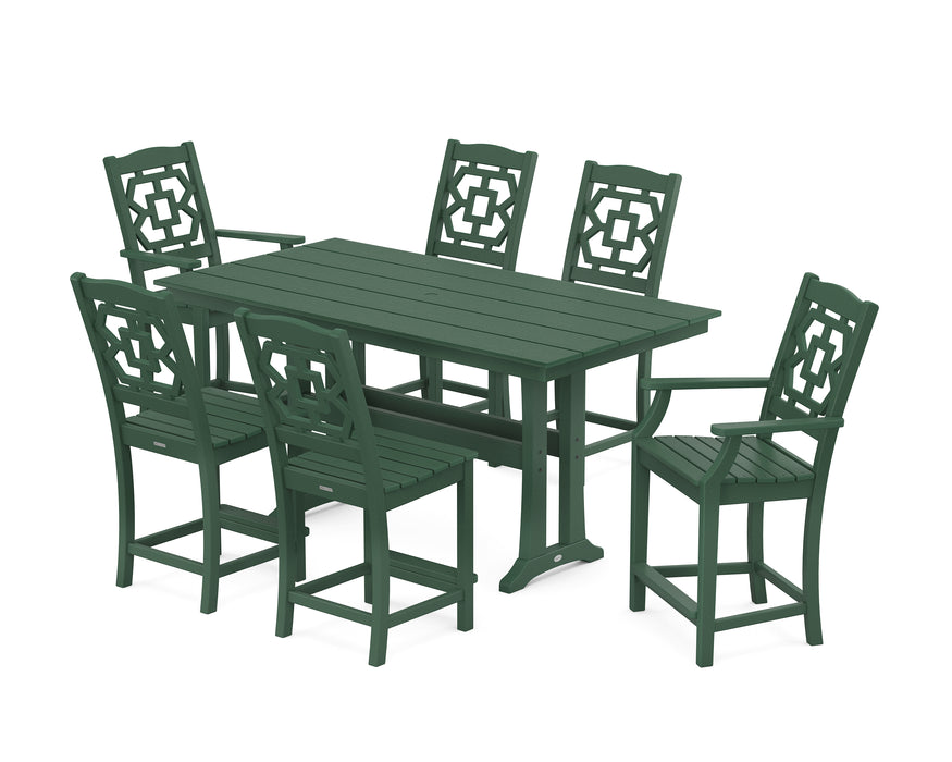 Martha Stewart by POLYWOOD Chinoiserie 7-Piece Farmhouse Counter Set with Trestle Legs in Green