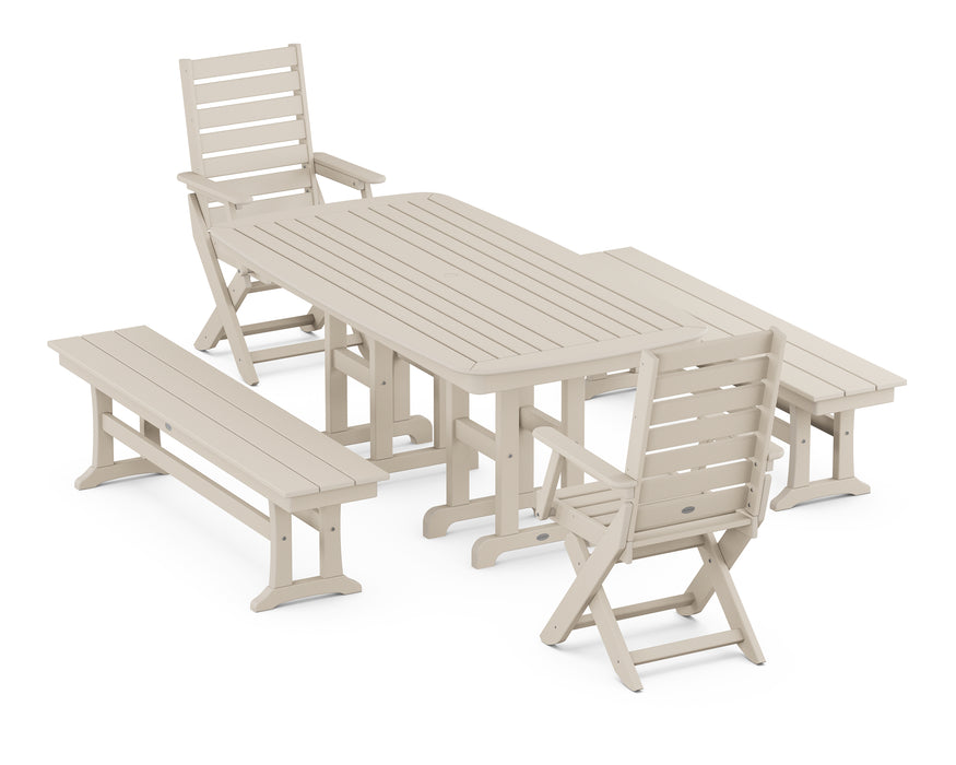 POLYWOOD Captain 5-Piece Dining Set with Benches in Sand