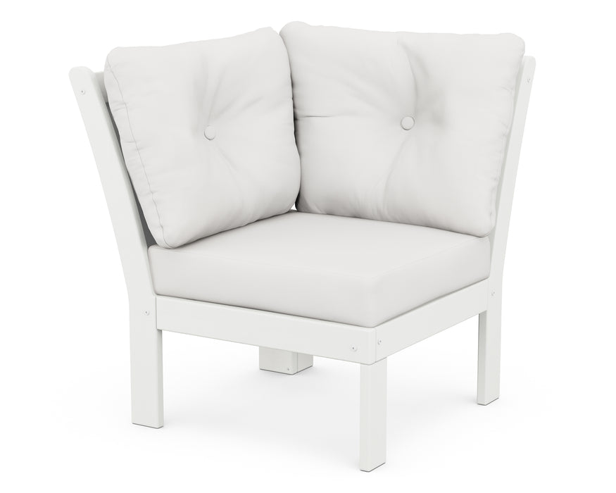 POLYWOOD Vineyard Modular Corner Chair in Vintage White with Natural Linen fabric