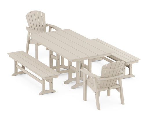 POLYWOOD Seashell 5-Piece Farmhouse Dining Set with Benches in Sand