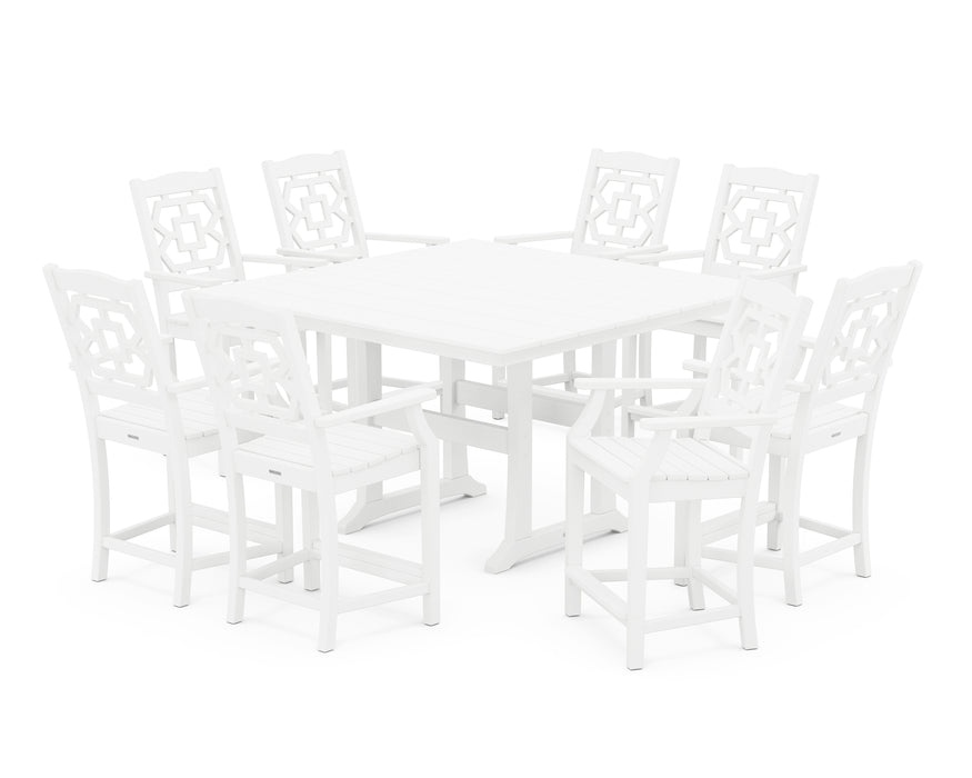 Martha Stewart by POLYWOOD Chinoiserie 9-Piece Square Farmhouse Counter Set with Trestle Legs in White