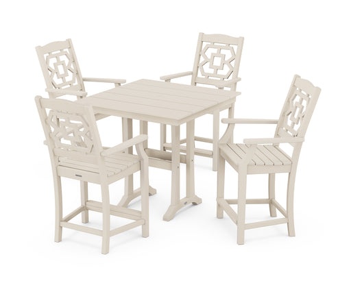 Martha Stewart by POLYWOOD Chinoiserie 5-Piece Farmhouse Counter Set with Trestle Legs in Sand