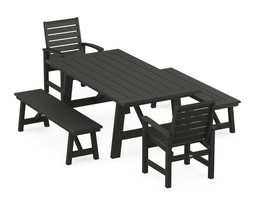 POLYWOOD Signature 5-Piece Rustic Farmhouse Dining Set With Benches in Black