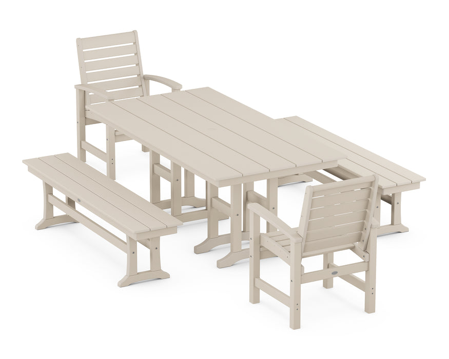 POLYWOOD Signature 5-Piece Farmhouse Dining Set with Benches in Sand