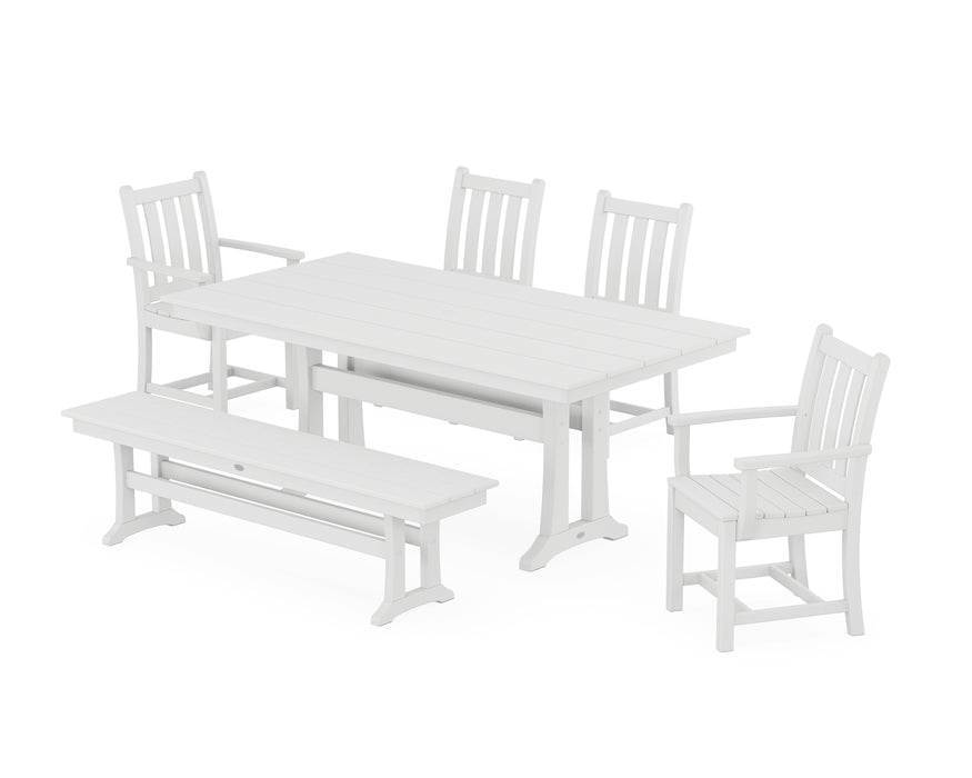 POLYWOOD Traditional Garden 6-Piece Farmhouse Dining Set with Trestle Legs and Bench in White