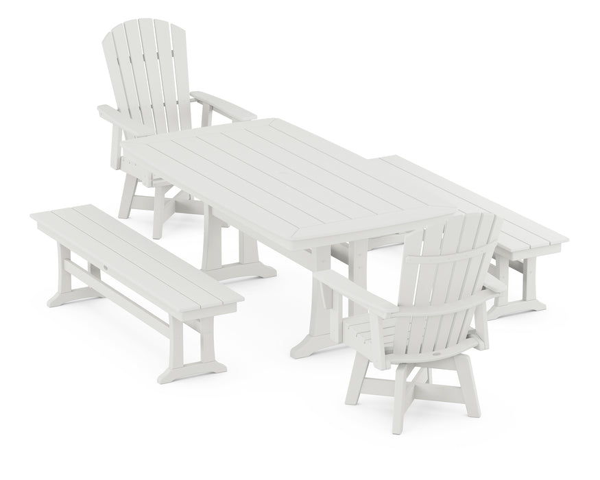 POLYWOOD Nautical Curveback Adirondack Swivel Chair 5-Piece Dining Set with Trestle Legs and Benches in Vintage White