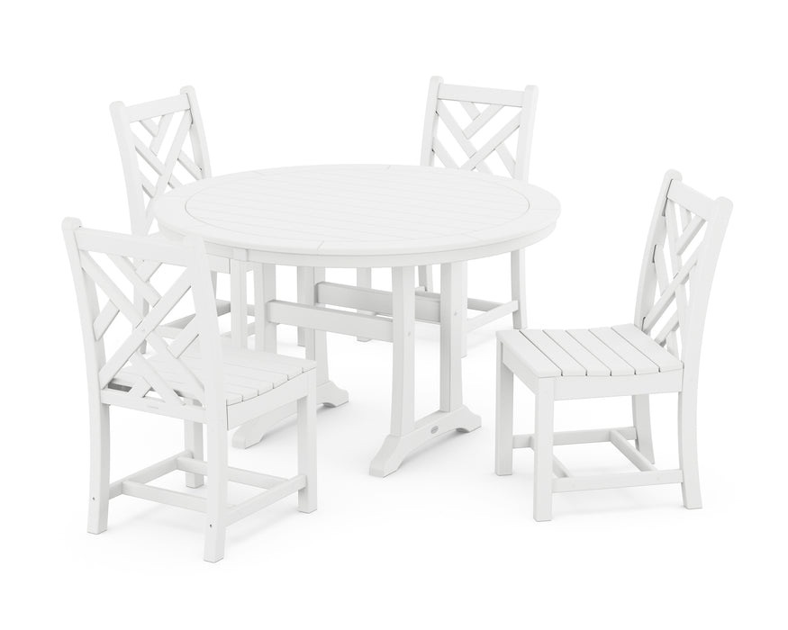 POLYWOOD Chippendale Side Chair 5-Piece Round Dining Set With Trestle Legs in White