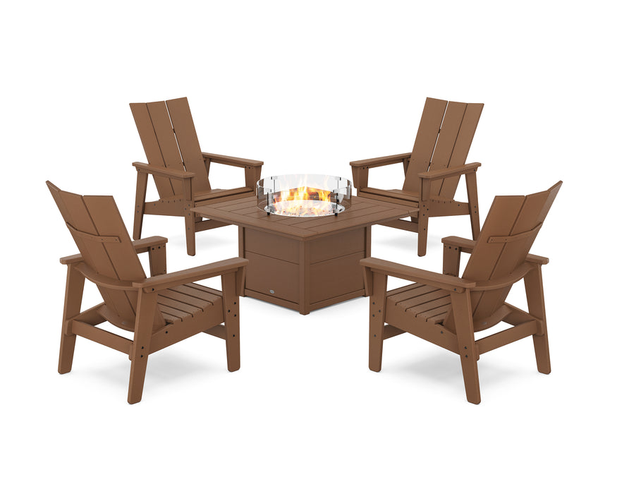 POLYWOOD® 5-Piece Modern Grand Upright Adirondack Conversation Set with Fire Pit Table in Teak