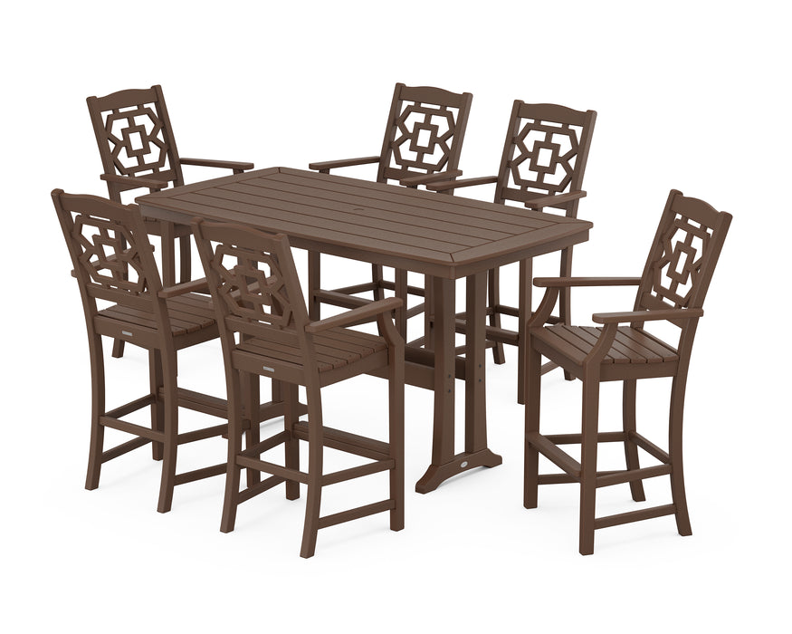 Martha Stewart by POLYWOOD Chinoiserie Arm Chair 7-Piece Bar Set with Trestle Legs in Mahogany