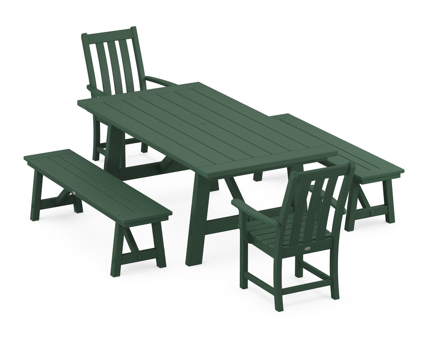 POLYWOOD Vineyard 5-Piece Rustic Farmhouse Dining Set With Trestle Legs in Green