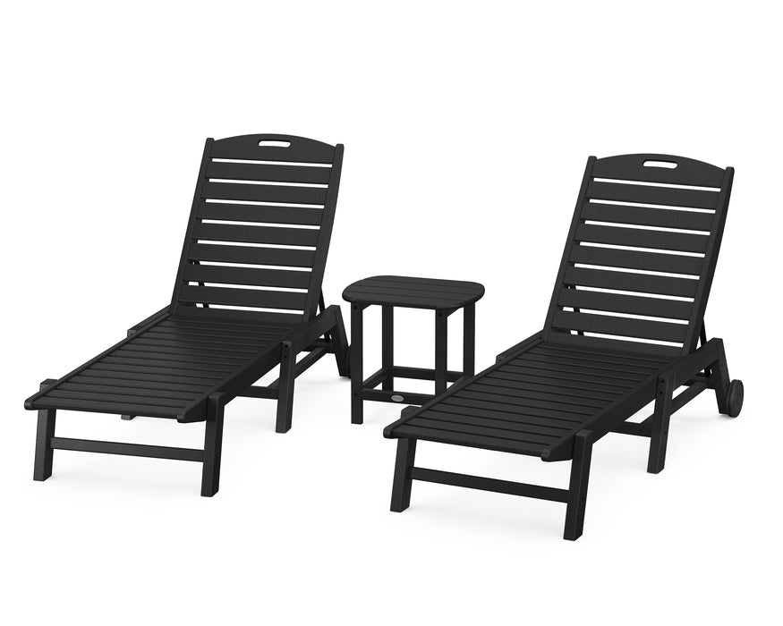POLYWOOD Nautical 3-Piece Chaise Lounge with Wheels Set with South Beach 18" Side Table in Black
