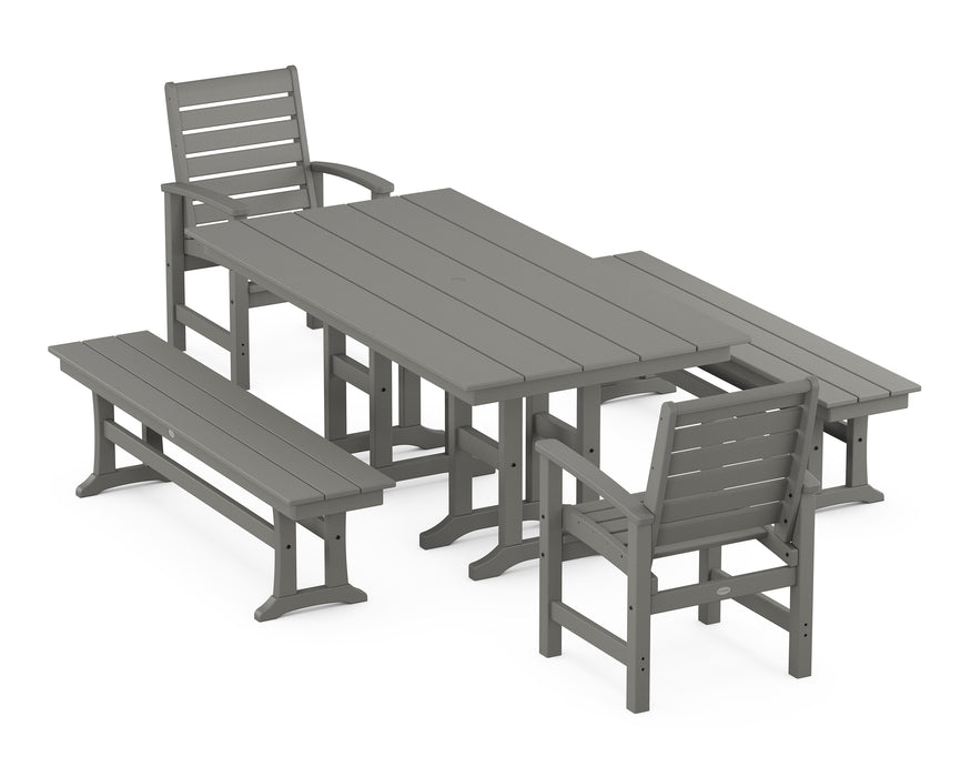 POLYWOOD Signature 5-Piece Farmhouse Dining Set with Benches in Slate Grey